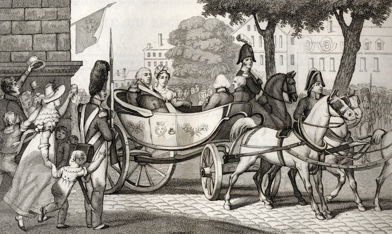 लुइस XVIII (1755-1824) 1814 की बहाली में पेरिस में प्रवेश करता है, जिसे कोल्ट द्वारा &39;हिस्टोइरे डी फ्रांस&39; से प्रकाशित किया गया है, c.1840 प्रकाशित द्वारा फ्रेंच स्कूल