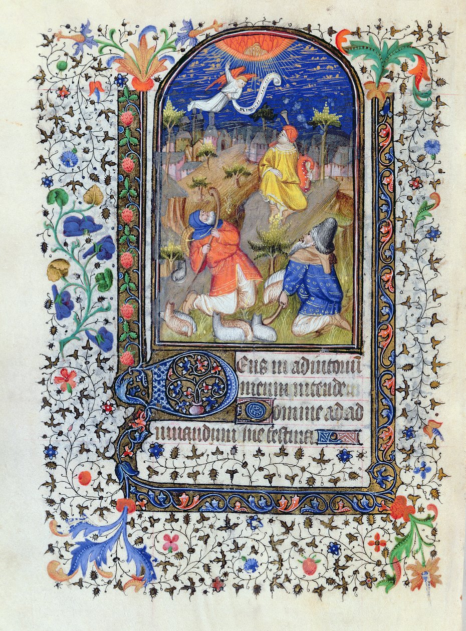एमएस 1278 fol.106v शेफर्ड्स के लिए घोषणा, हेयर्स डेस ट्रॉयस से, रोहन आवर्स के मास्टर के स्टूडियो द्वारा, 1413-20 द्वारा फ्रेंच स्कूल
