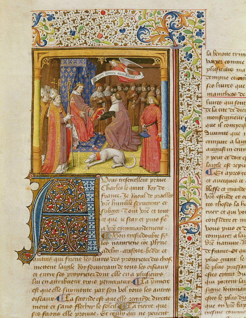 MS 246 f.1r Raoul de Presles सेंट ऑगस्टीन द्वारा La Cite de Dieu से चार्ल्स V (1338-80) को अपना अनुवाद प्रस्तुत करते हुए, Raoul de Presles (1316-82) c.1400-50 द्वारा अनुवादित। द्वारा फ्रेंच स्कूल
