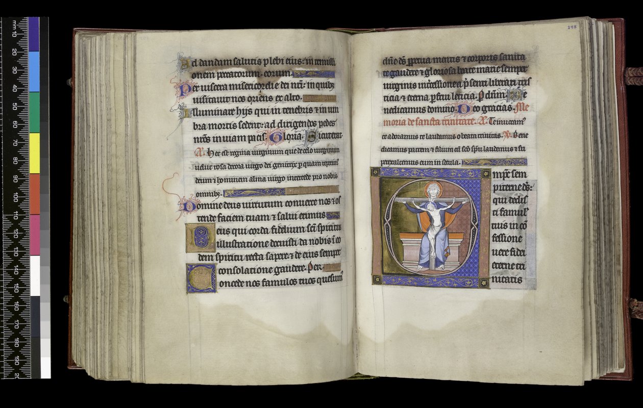 MS 300 f.197v-198r, सफ़रेज टू द ट्रिनिटी, फ्रांस के इसाबेला के स्तोत्र और घंटे से, पेरिस, c.1265-70 (चर्मपत्र पर कलम और स्याही और तापमान) द्वारा फ्रेंच स्कूल