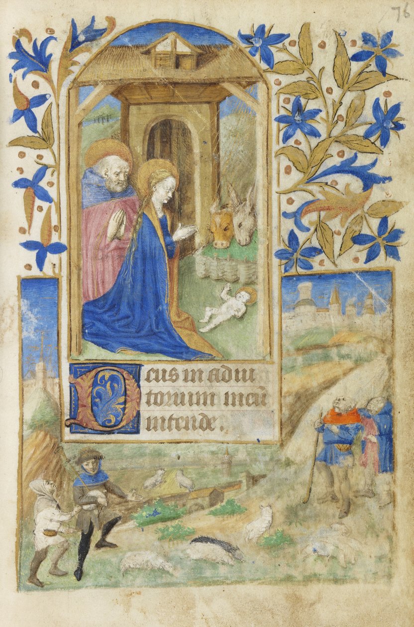 MS 39-1950 f.76r द नेटिविटी, 1464 (चर्मपत्र पर सोने चांदी और रंगीन स्याही) द्वारा फ्रेंच स्कूल