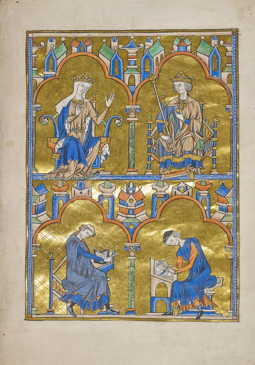 MS M.240 f.8r, कैस्टिले का ब्लांश और फ्रांस का राजा लुई IX और नीचे: लेखक डिक्टेटिंग टू अ सिविट, बाइबल ऑफ सेंट लुइस (मोरालिज्ड बाइबिल), शायद पेरिस द्वारा फ्रेंच स्कूल