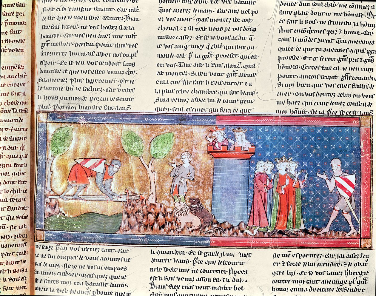 एम। 806 f.166 लैंसलॉट ने रोमन डी लैंसलेट डू लाक, 1344 से एक तेज तलवार से पार की गई नदी को पार करके गाइनवेर् के अपने प्रेम को साबित किया द्वारा फ्रेंच स्कूल
