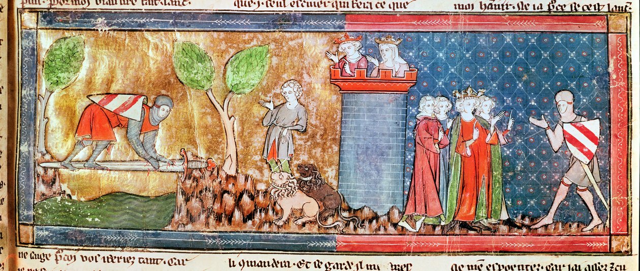 एम। 806 f.166 लैंसलॉट ने रोमन डी लैंसलेट डू लाक, 1344 से एक तेज तलवार से पार की गई नदी को पार करके गाइनवेर् के अपने प्रेम को साबित किया। द्वारा फ्रेंच स्कूल