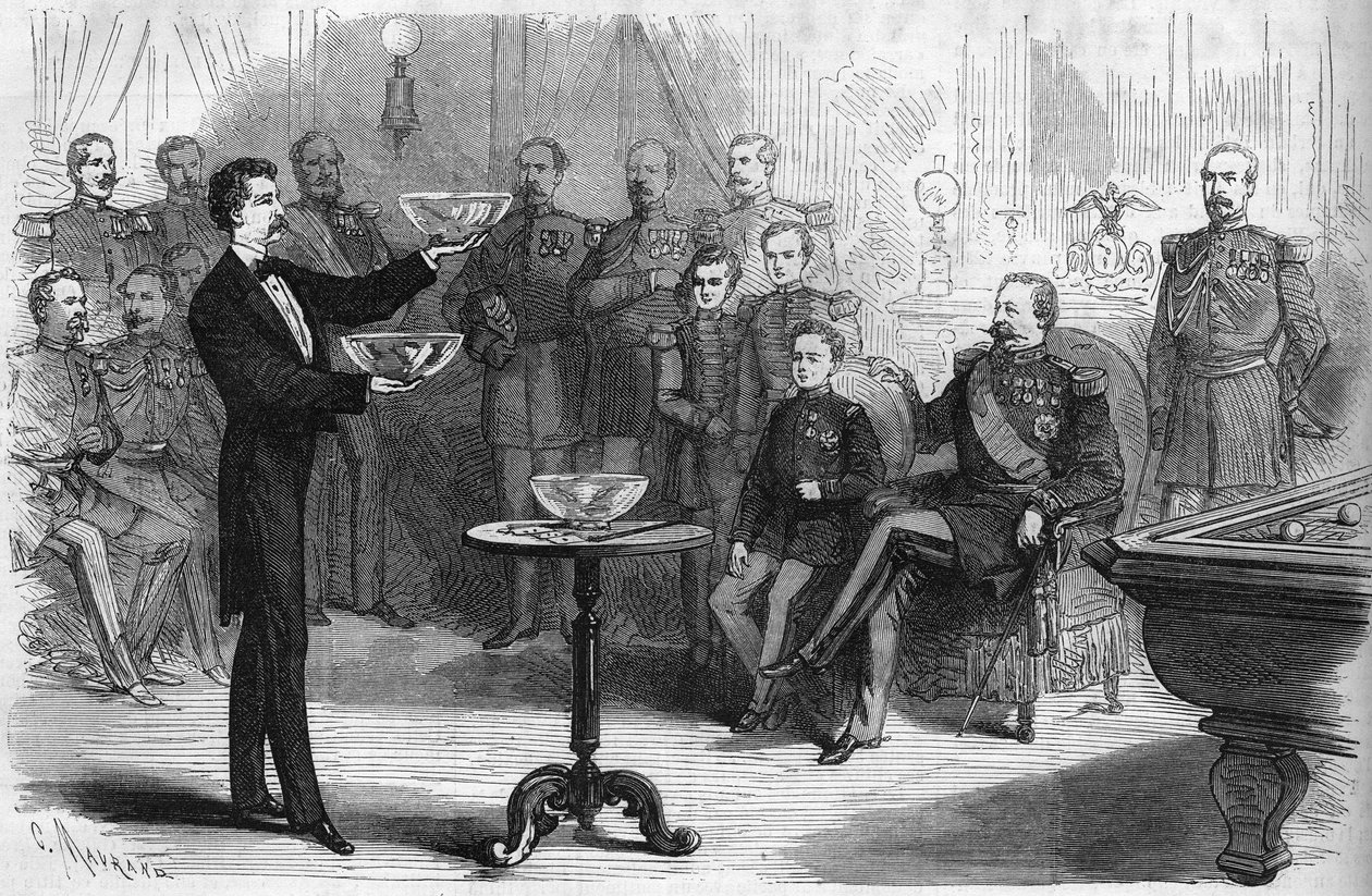 सम्राट नेपोलियन III (1808-1873) और उनके बेटे प्रिंस इंपीरियल (1856-1879) की उपस्थिति में चालों शिविर में श्री फौरे निकोले द्वारा दिया गया जादू शो द्वारा फ्रेंच स्कूल