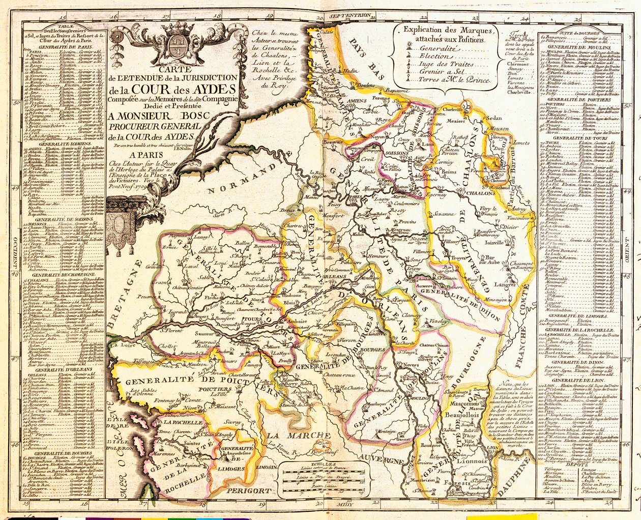 टैक्स, 1709 के तहत फ्रेंच प्रदेशों का मानचित्र, जीन-बैप्टिस्ट नोलिन द्वारा ले थिएटर डु मोंडे से, 1717 (हाथ से उकेरा हुआ) प्रकाशित द्वारा फ्रेंच स्कूल