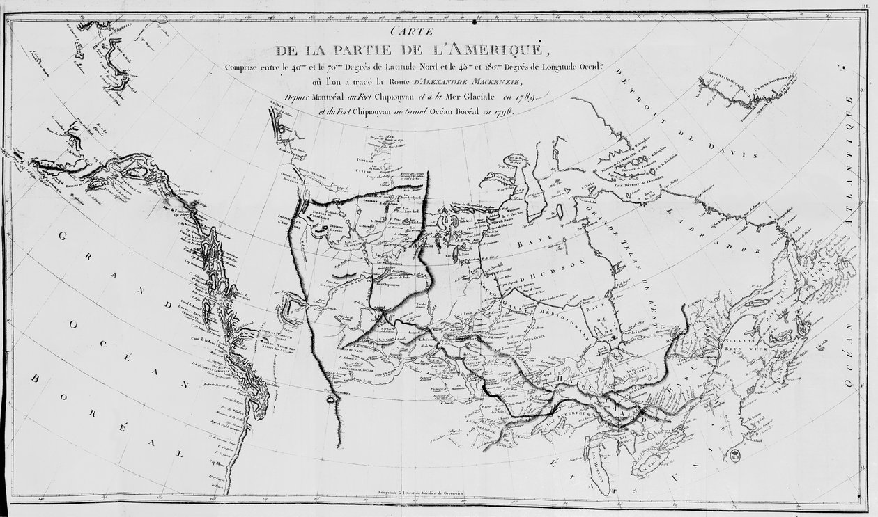 उत्तरी अमेरिका का मानचित्र, 1789 और 1798 में सर अलेक्जेंडर मैकेंज़ी के अभियानों की साजिश रचने के लिए आर्कटिक महासागर द्वारा फ्रेंच स्कूल