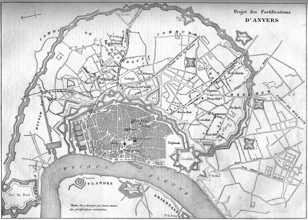 १८५९ में एंटवर्प (बेल्जियम) शहर का नक्शा; नए किलेबंदी की परियोजना का प्रतिनिधित्व। 24 सितंबर के "" ले मोंडे इलस्ट्र्रे"" n°128 में उत्कीर्णन द्वारा फ्रेंच स्कूल