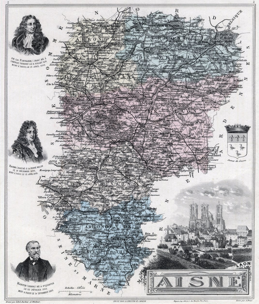 ऐसने विभाग का नक्शा (उत्कीर्णन 1889) द्वारा फ्रेंच स्कूल
