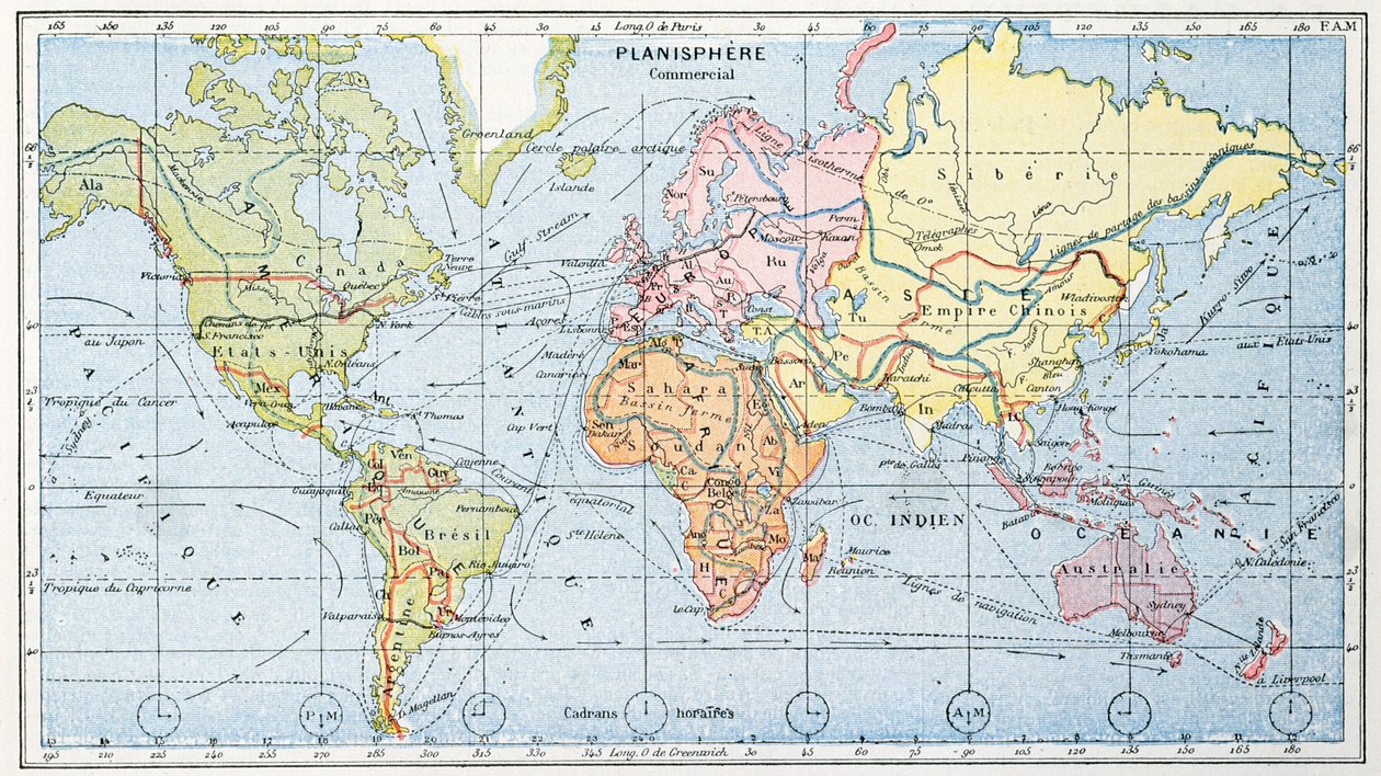 1912 में प्रमुख विश्व व्यापार शिपिंग मार्गों को दिखाने वाला मानचित्र द्वारा फ्रेंच स्कूल