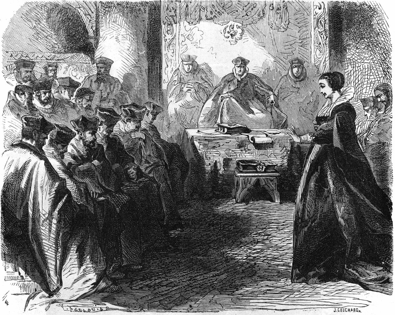 1587 में अपने फैसले के दौरान मैरी स्टुअर्ट (1542 = 1587)। "" हिस्टोइरे डे ला फ्रांस" में, 19 वीं शताब्दी का उत्कीर्णन। द्वारा फ्रेंच स्कूल