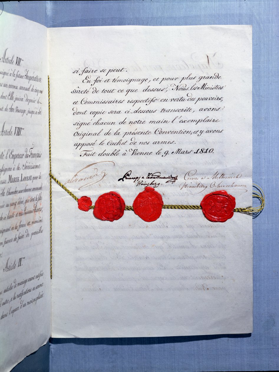 सम्राट नेपोलियन बोनापार्ट (1769-1821) और मैरी-लुईस (1791-1847) वियना का विवाह अनुबंध, 9 मार्च 1810 द्वारा फ्रेंच स्कूल