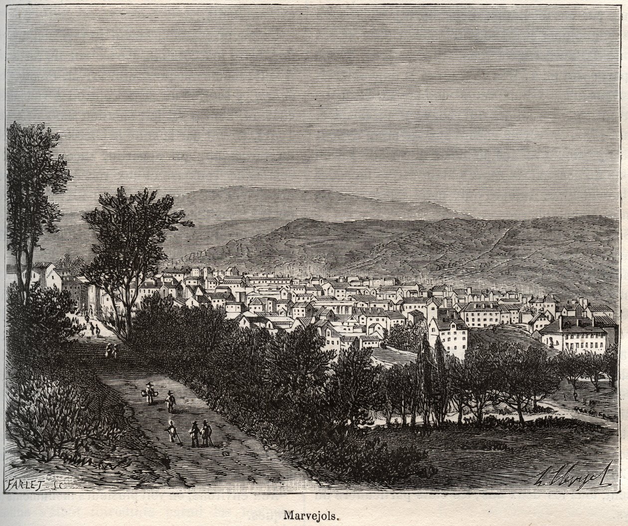 Marvejols - Lozere - Langedoc-Roussillon - V.-A द्वारा "इलस्ट्रियस फ़्रांस: भूगोल, इतिहास, सांख्यिकीय प्रशासन" में उत्कीर्णन। माल्ट-ब्राउन। १८८४ द्वारा फ्रेंच स्कूल