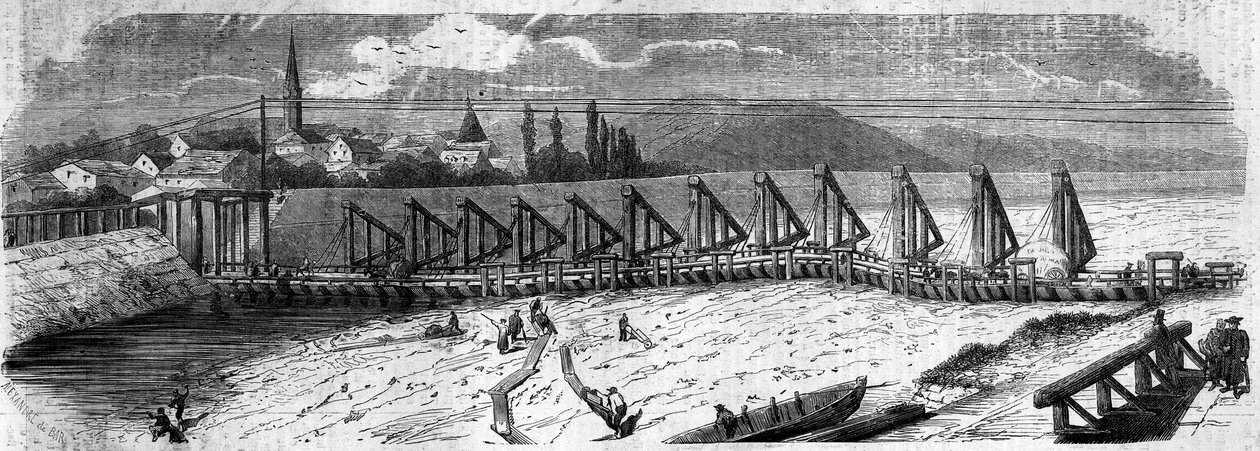 मौसम संबंधी घटना: १८५८ में राइन का सूखना। केहल ब्रिज (जर्मनी) का दृश्य, फ्रांसीसी तट के नीचे की ओर ले जाया गया। 27 मार्च 1858 के "" ले मोंडे इलस्ट्रेटे "" एन ° 50 में उत्कीर्णन। द्वारा फ्रेंच स्कूल