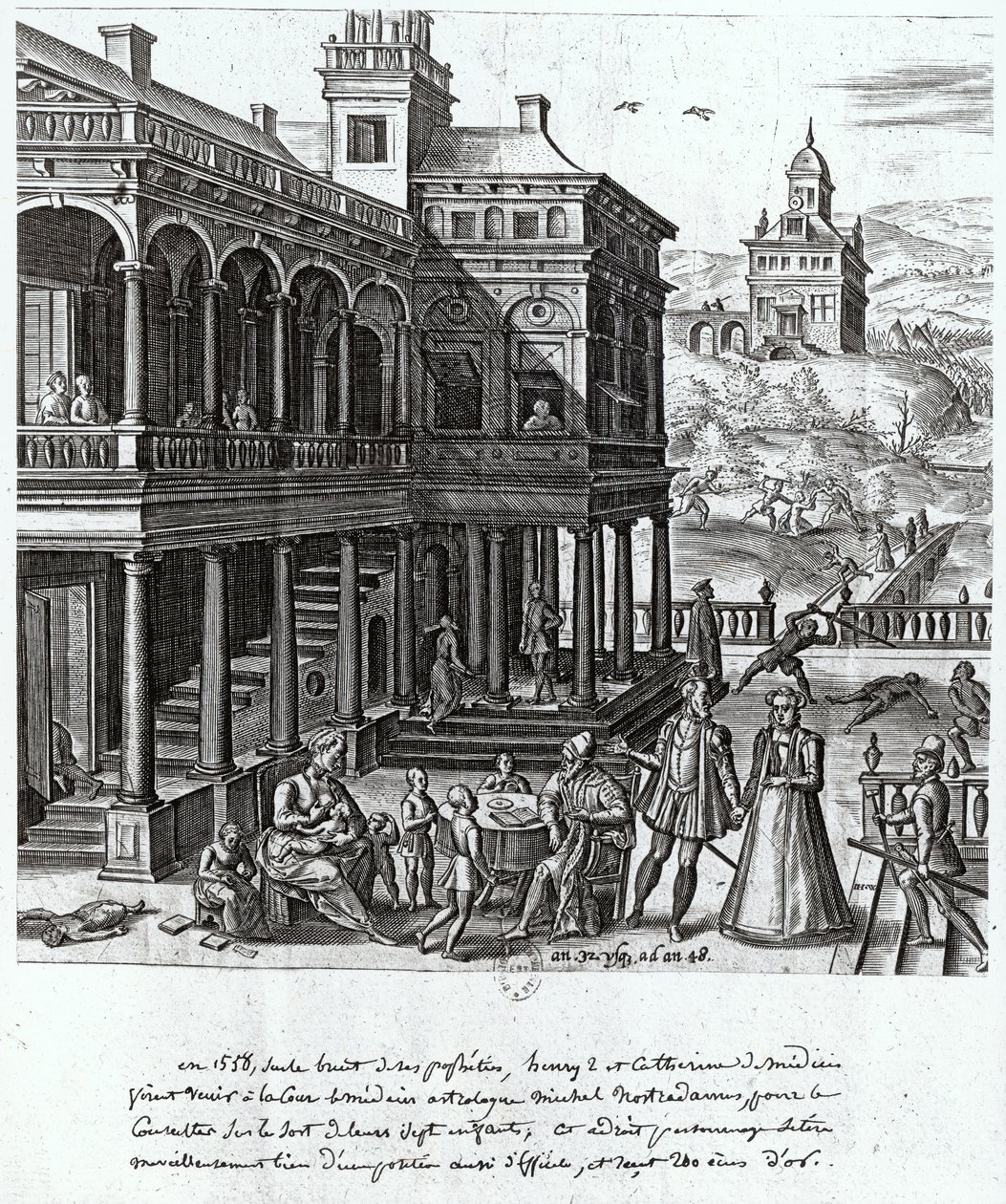 मिशेल डी नोस्ट्राडेम (1503-66) को कैथरीन डी मेडिसी के सात बच्चों (1519-89) और हेनरी द्वितीय (1519-59) 1548 के भाग्य पर परामर्श दिया जा रहा है द्वारा फ्रेंच स्कूल
