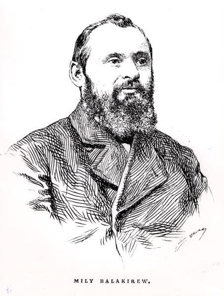माइली अलेक्सेयेविच बालाकिरेव (1837-1910), पेरिस में प्रकाशित अल्बर्ट सोबीज़ द्वारा 'द हिस्ट्री ऑफ़ म्यूज़िक इन रशिया' का चित्रण द्वारा फ्रेंच स्कूल