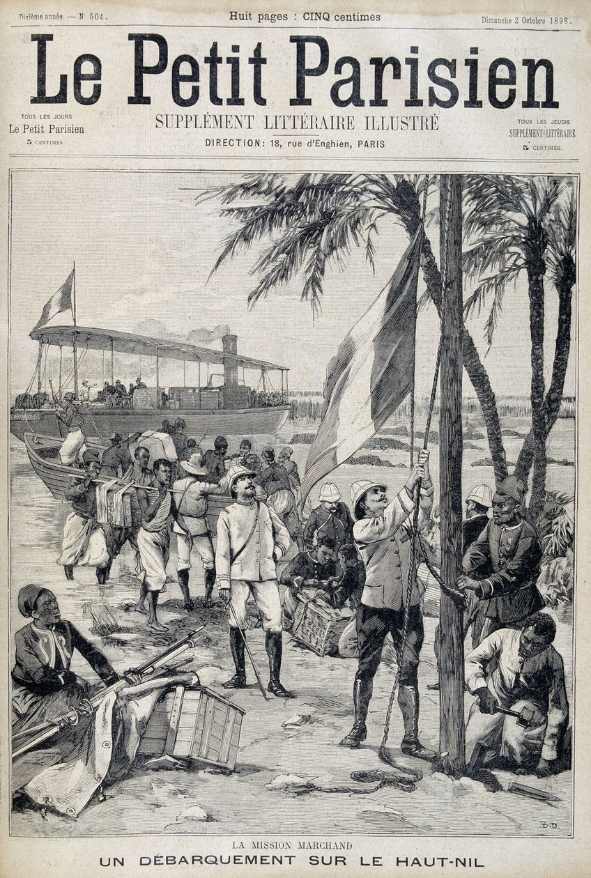 मिशन मारचंद: ऊपरी नील नदी पर उतरना - 02/10/1898 से "ले पेटिट पेरिसियन" में (उत्कीर्णन) द्वारा फ्रेंच स्कूल