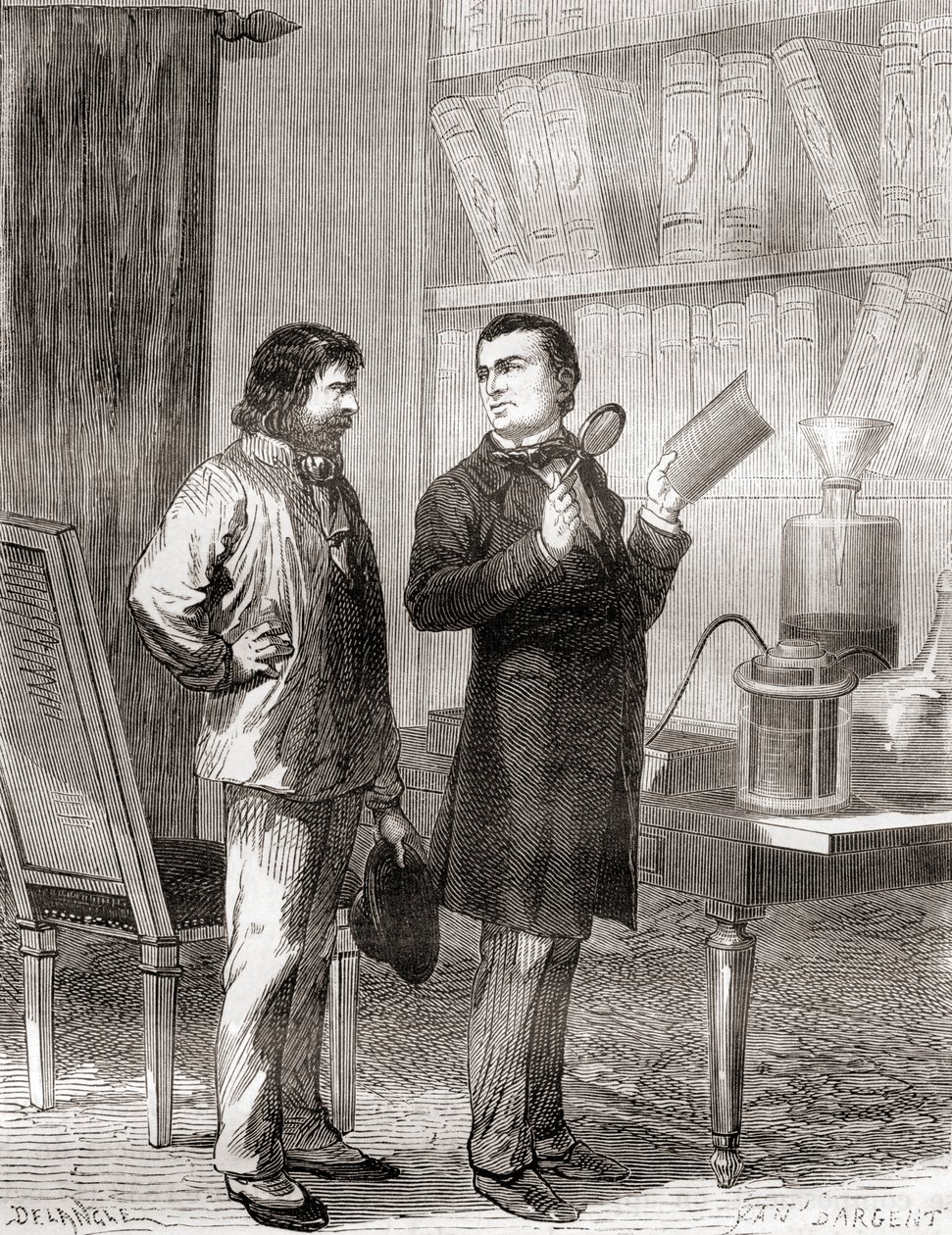 मोरित्ज़ वॉन जैकोबी, दाईं ओर, गैल्वेनोप्लास्टिक्स की खोज, या 1838 में इलेक्ट्रोटाइपिंग, Les Merveilles de la Science से, प्रकाशित c.1870 (उत्कीर्णन) द्वारा फ्रेंच स्कूल
