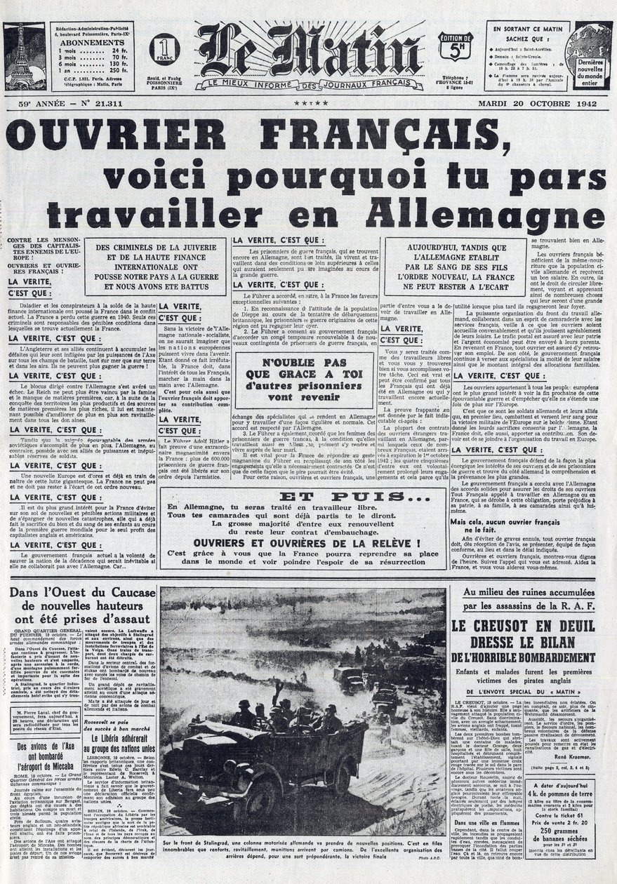 20 अक्टूबर 1942 का मॉर्निंग जर्नल नंबर 21311: द स्टो - अनिवार्य श्रम सेवा - जर्मनी में काम पर क्यों जाएं - द्वारा फ्रेंच स्कूल