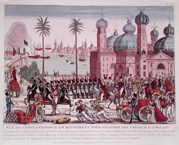 21 मार्च 1807 को कांस्टेंटिनोपल से अंग्रेजी जहाजों को बलपूर्वक हटाने के लिए सैनिकों का आंदोलन (रंगीन उत्कीर्णन) द्वारा फ्रेंच स्कूल