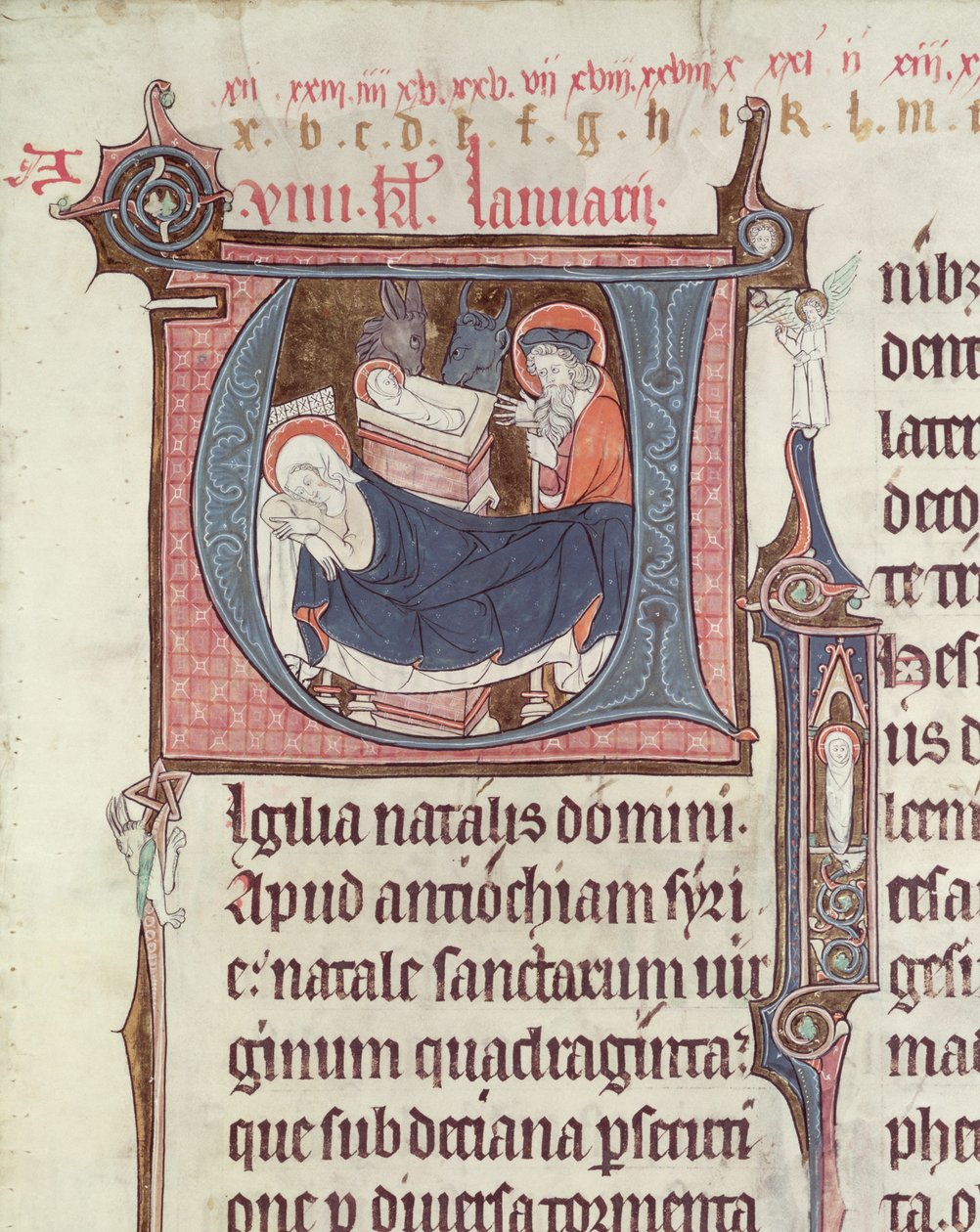 Ms.838 fol.55 ऐतिहासिक आरंभिक U और I में 1270 के बाद Obituaire de Notre Dame de Pres से नाट्य और शिशु मसीह का चित्रण किया गया (देखें 155905 भी) द्वारा फ्रेंच स्कूल