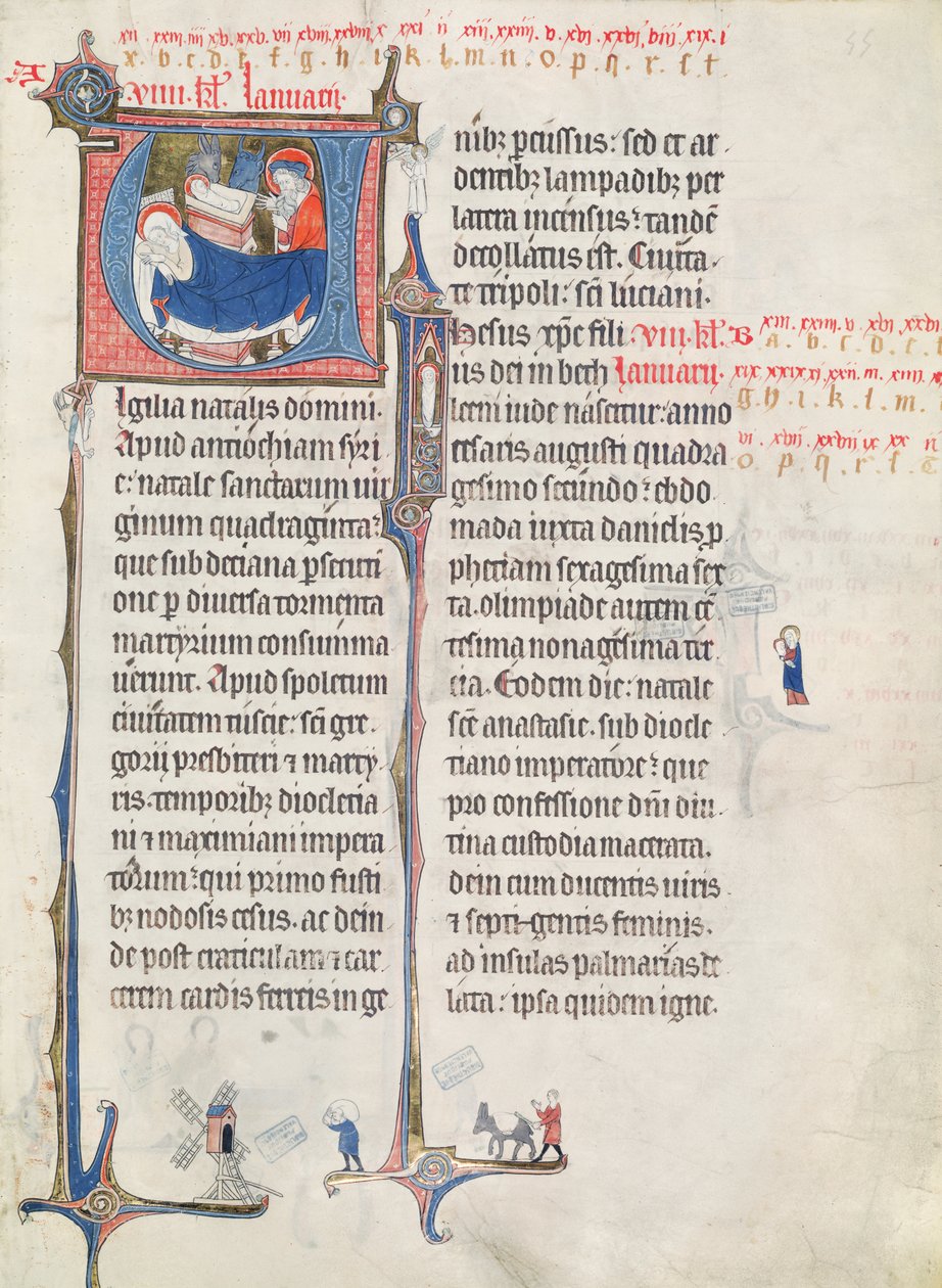 1270 के बाद &39;Obituaire de Notre Dame de Pres&39; से Ms.838 fol.55 हिस्ट्रीशीटेड इनिशियल्स &39;U&39; और &39;I&39; नाट्य और शिशु क्राइस्ट का चित्रण करते हैं (देखें 155905 भी) द्वारा फ्रेंच स्कूल