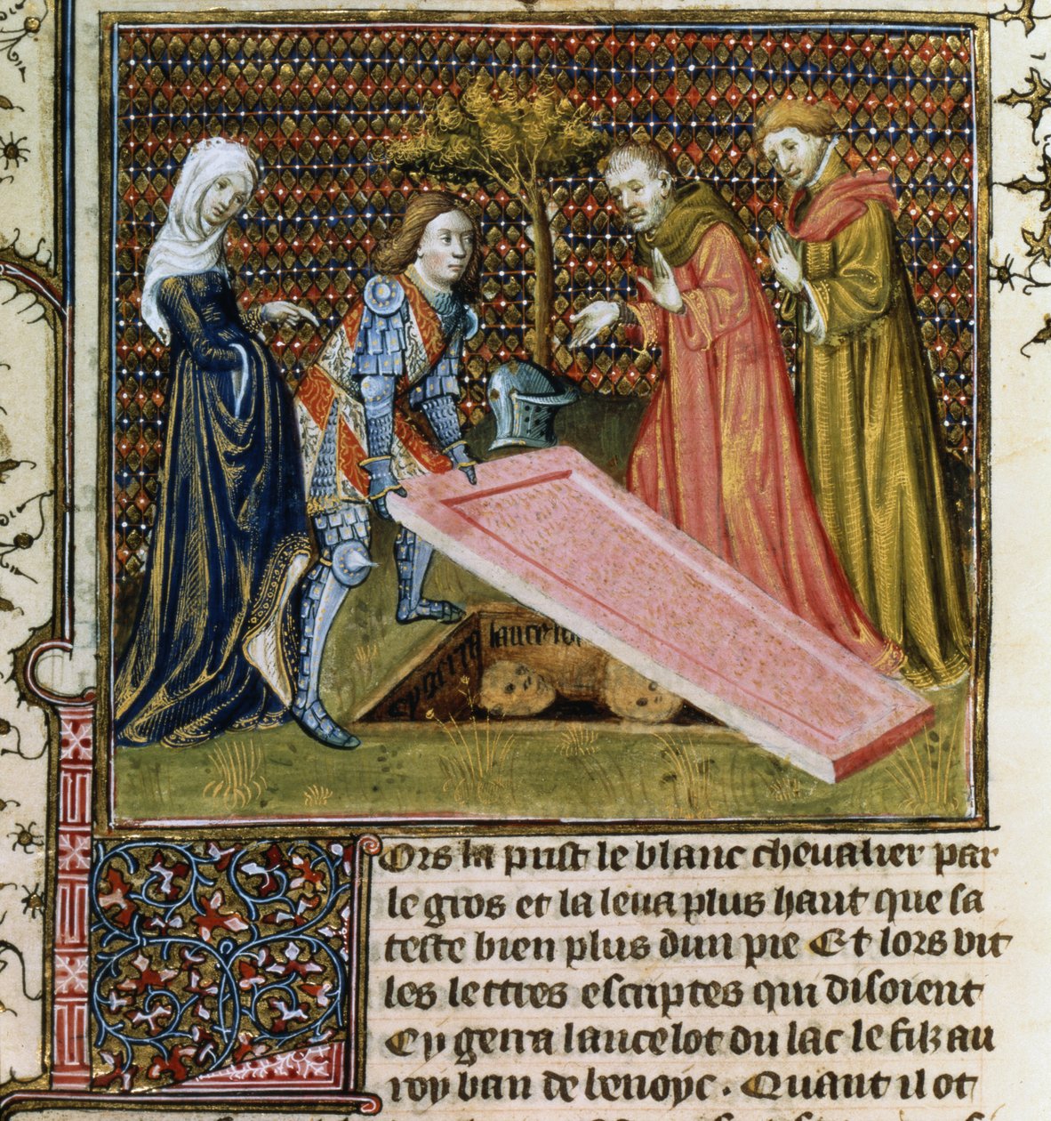 Ms.Fr.118 f.190 लैंसलॉट ने पत्थर को अपनी पूर्ववर्ती कब्र से हटा दिया और लिव्रे डे मेसिर लांसलोट डु लाक से उसका नाम और पेरेंटेज सीखा द्वारा फ्रेंच स्कूल
