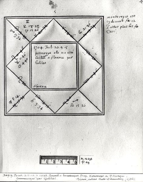 Ms.Fr.12293 fol.49 गैलीलियो द्वारा पेट्रार्क (1304-74) की कुंडली, 14 वीं से 17 वीं शताब्दी के आंकड़ों के कुंडली संग्रह से द्वारा फ्रेंच स्कूल