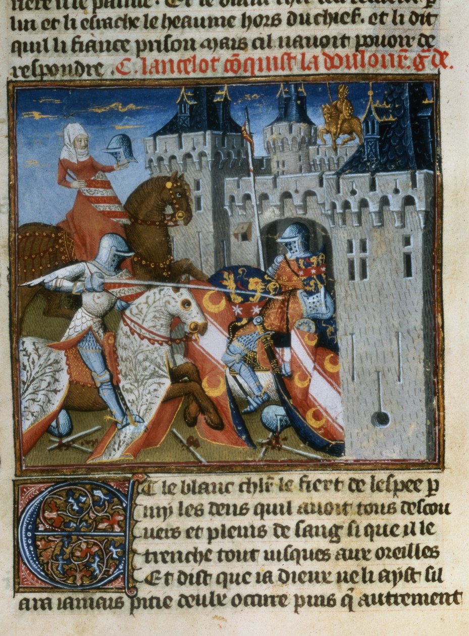 Ms.Fr 118 f.189v सर लैंसलॉट ने झील की महिला द्वारा दी गई एक नई शील्ड की सहायता से डोलोरस गार्डे को लिवर डे मेसिर लैंसलेट डू लाक से पकड़ लिया। द्वारा फ्रेंच स्कूल