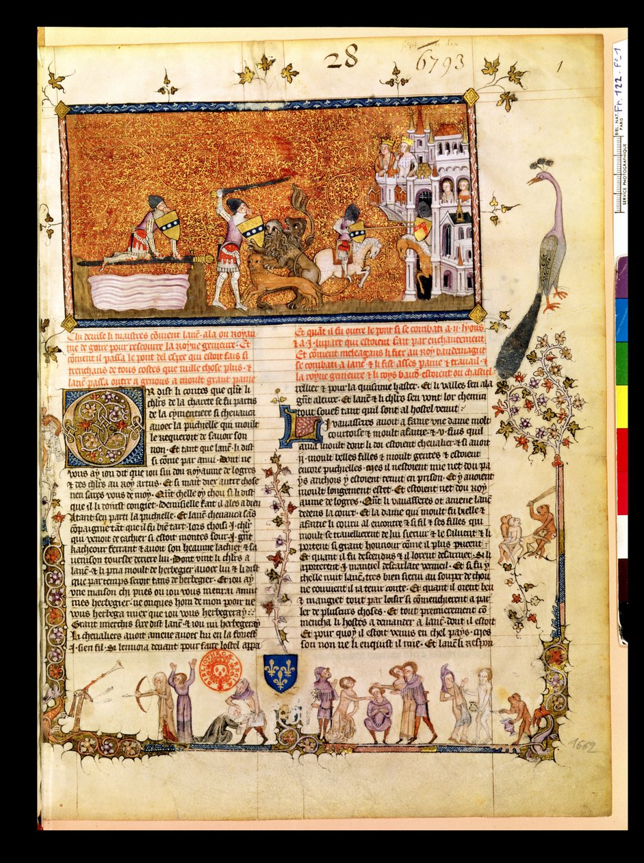 Ms.Fr 122 f.1 सर लैंसलॉट ने रोमन डी लैंसलेट डू लाक से तलवार ब्रिज को पार किया, 1344 द्वारा फ्रेंच स्कूल