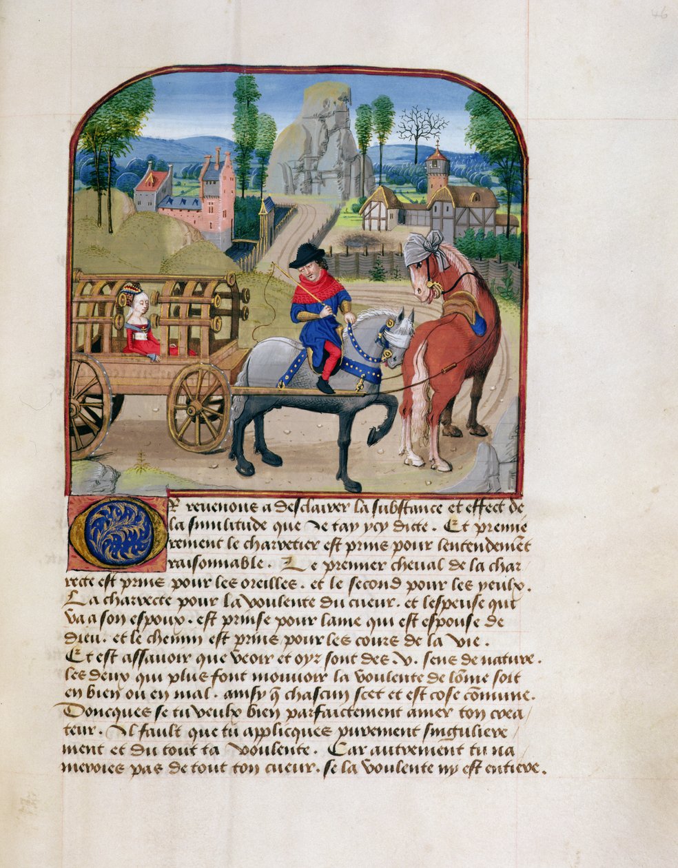 सुश्री 165 fol.46r लेडी को दो घोड़ों द्वारा खींची गई गाड़ी में लेट कर दिया जाता है, लेइनुलेशन डन जिउन प्रिंस से रेने dAnjou, c.1465-68 द्वारा फ्रेंच स्कूल