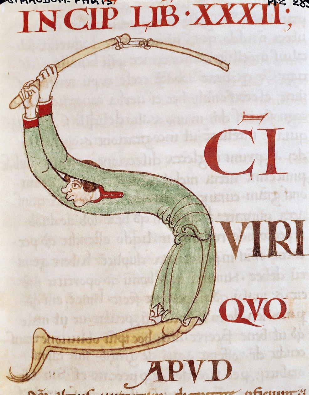 सुश्री 173 fol.148r हिस्ट्रीशीट प्रारंभिक एस एक व्यक्ति थ्रेशिंग दिखाती है, मोरेलिया से जॉब में पोप ग्रेगरी द ग्रेट द्वारा फ्रेंच स्कूल