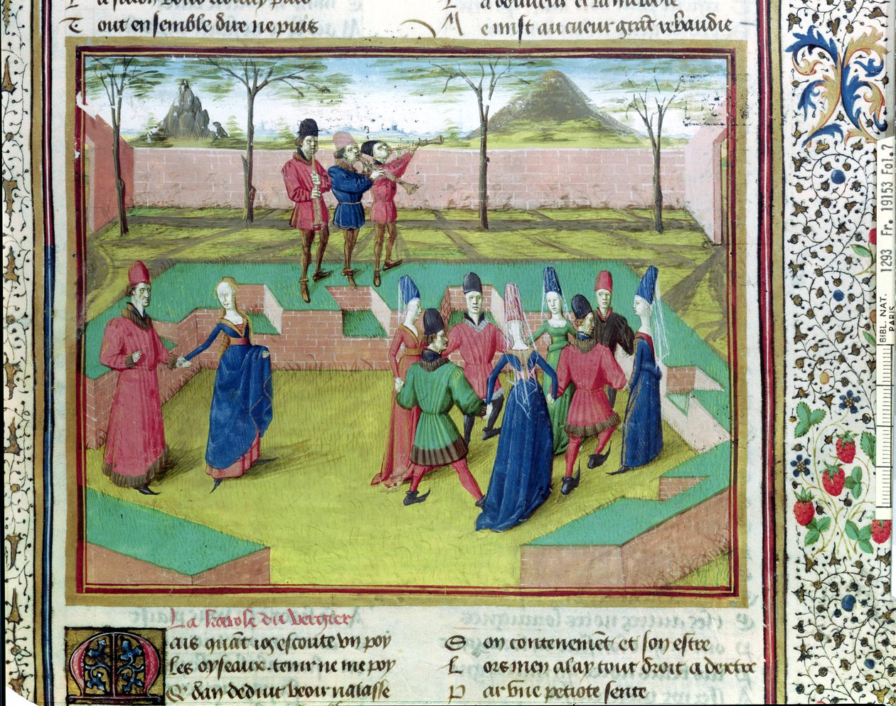 सुश्री 19153 f.7 एक बाग में कैरोल, ले रोमन डे ला रोज द्वारा जीन डे म्युंग, C.1460 का चित्र द्वारा फ्रेंच स्कूल