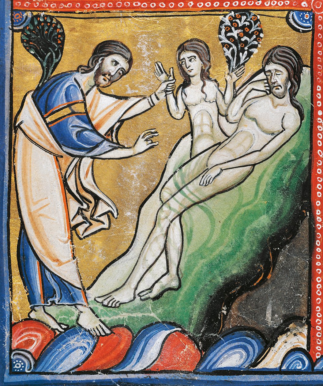 Ms 1 fol.4v द क्रिएशन ऑफ ईव फ्रॉम एडम्स रिब, डिटेल फ्रॉम द बाइबल ऑफ सॉविनी (वेल्लम) द्वारा फ्रेंच स्कूल