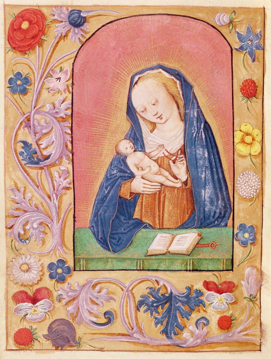 Ms 20 fol.42v द वर्जिन एंड चाइल्ड एक रोज़री के साथ खेल रहा है, बुक ऑफ़ आवर्स से, 15 वीं शताब्दी की शुरुआत में द्वारा फ्रेंच स्कूल