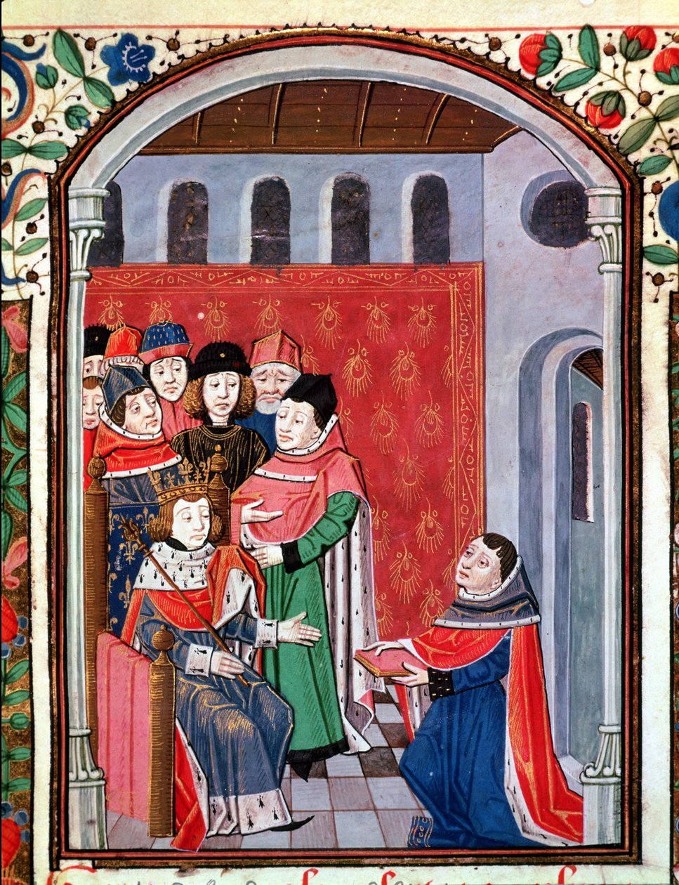 सुश्री जीन Menng 3045 fol.1 (1240-1305) द्वारा Boethius दर्शन के सांत्वना से फिलिप ले बेल (1268-1314) के लिए अपने अनुवाद की पेशकश द्वारा फ्रेंच स्कूल