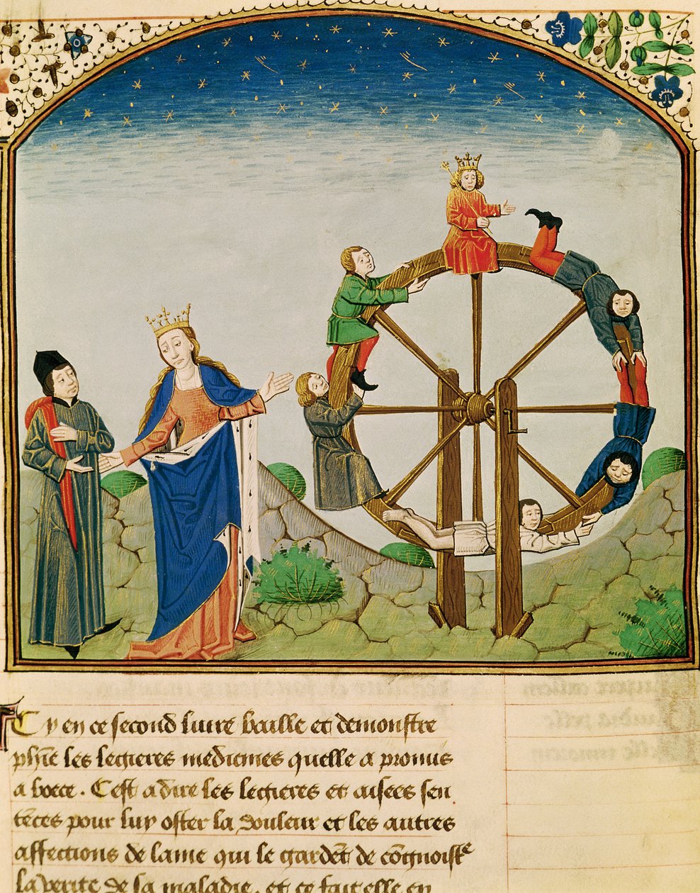 सुश्री 3045 फॉर्च्यून की व्हील के साथ Boethius fol.22v, दर्शन के सांत्वना से, जीन डे Meung द्वारा अनुवादित द्वारा फ्रेंच स्कूल