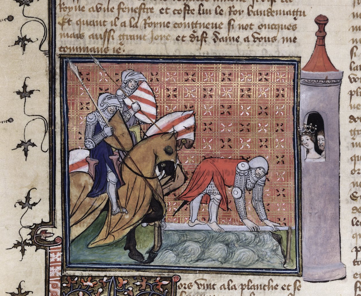 मैसिर लैंसलेट डू लाक की पुस्तक से मैसर्स 3480 fol.77 Lancelot क्रॉसिंग द स्वॉर्ड ब्रिज द्वारा फ्रेंच स्कूल