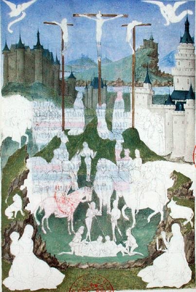 Ms 473 The Crucifixion or Golgotha, 'Heres de Charles de France' से अधूरा लघुचित्र, c.1466-69 (कागज पर गौचे) द्वारा फ्रेंच स्कूल