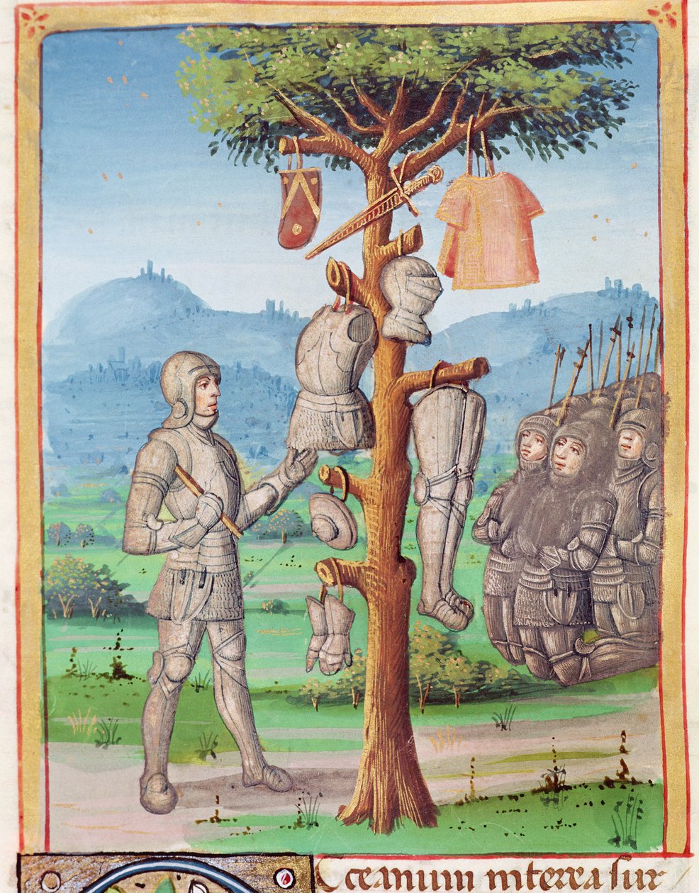 सुश्री 493 fol.193v Aeneas मेकसेंटियस के कवच को ओक के पेड़ से लटकाती हैं, द एनेड से वर्जिल द्वारा सर्वियस की टिप्पणी के साथ द्वारा फ्रेंच स्कूल