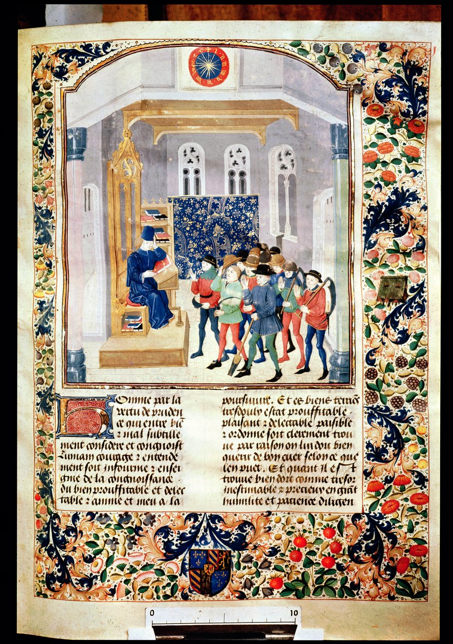 सुश्री 5064 fol.1r लेखक अपनी पुस्तक पेश करने वालों के लिए, लिवर डे प्राउफ़िट्ज़ चम्पेस्ट्रेस से पिएत्रो डी क्रैसेन्ज़ी (1230-132021) द्वारा फ्रेंच स्कूल