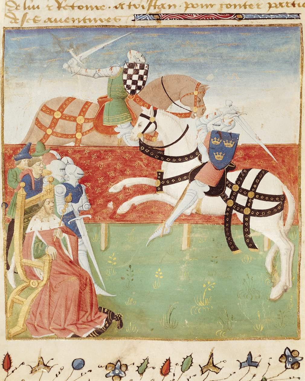 सुश्री 527 fol.40v किंग डू से पहले दो शूरवीरों का टकराव, रोमन डु सेंट ग्रेगल से द्वारा फ्रेंच स्कूल