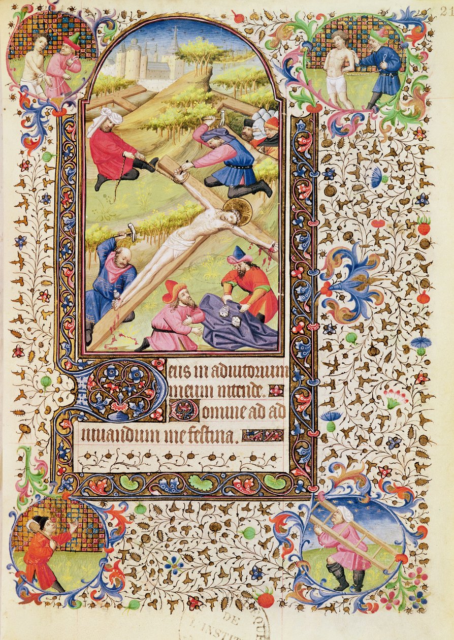सुश्री 547 fol.21 क्राइस्ट को क्रूस पर चढ़ाया जा रहा है, पोइटियर्स की एक महिला द्वारा इस्तेमाल किए गए बुक ऑफ आवर्स से द्वारा फ्रेंच स्कूल