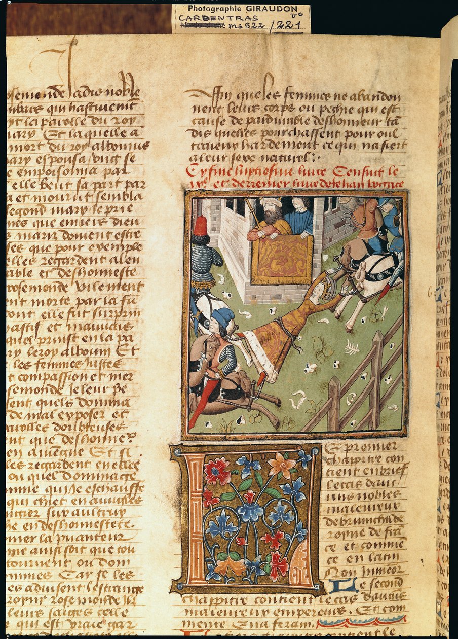सुश्री 622 fol.221v Des Hommes Illustres से ब्रांहिल्डा की यातना, c.1460 द्वारा फ्रेंच स्कूल