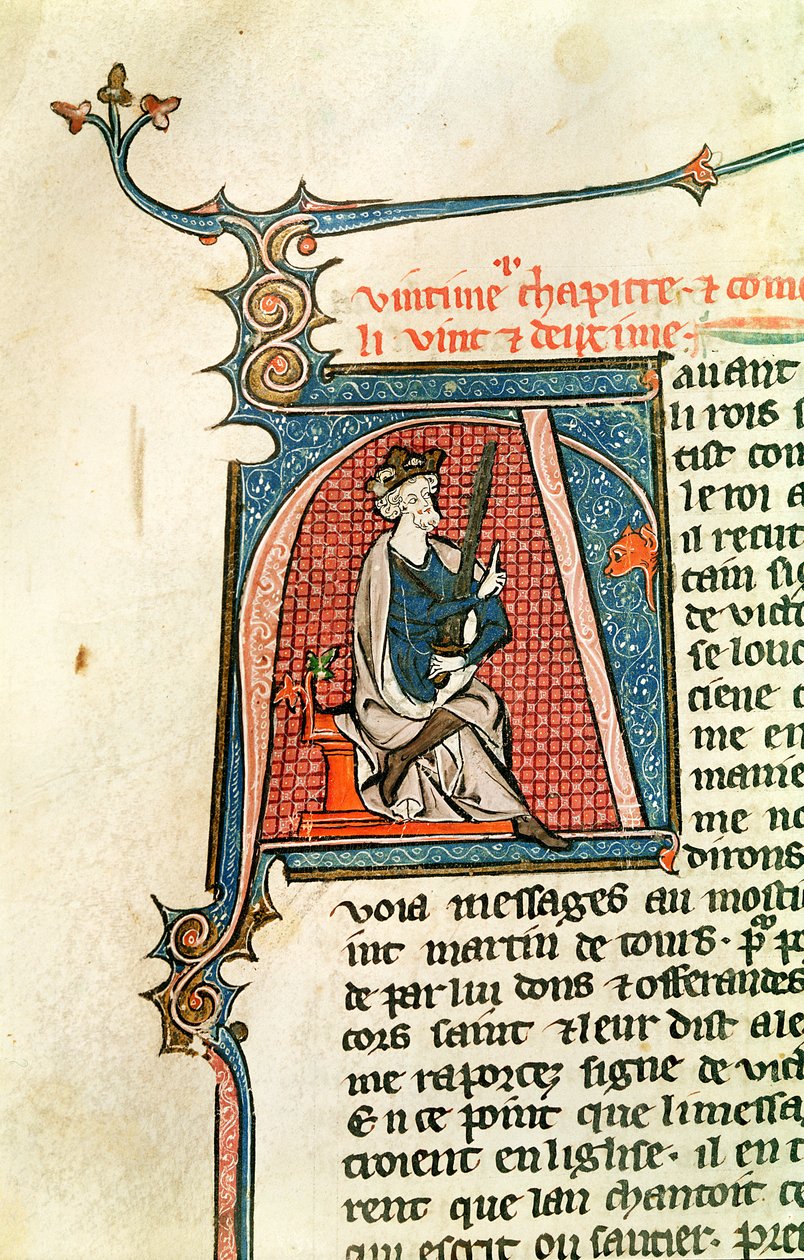 Ms 682 fol.17v हिस्ट्रीशीटेड प्रारंभिक एक बैठे राजा को दर्शाती है जिसमें एक दोधारी तलवार है द्वारा फ्रेंच स्कूल