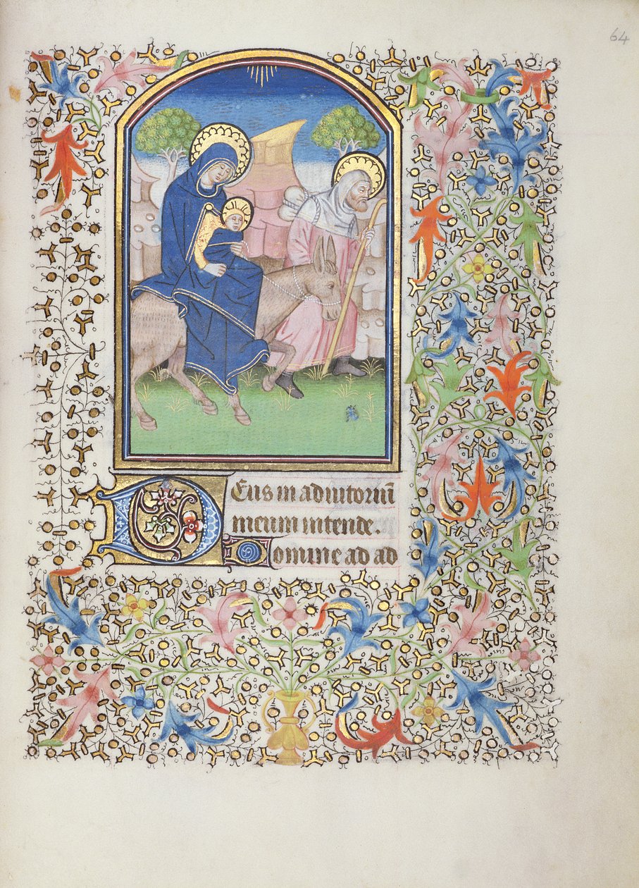 Ms 69 f.64r बेसनक बुक ऑफ आवर्स से पवित्र परिवार की उड़ान द्वारा फ्रेंच स्कूल