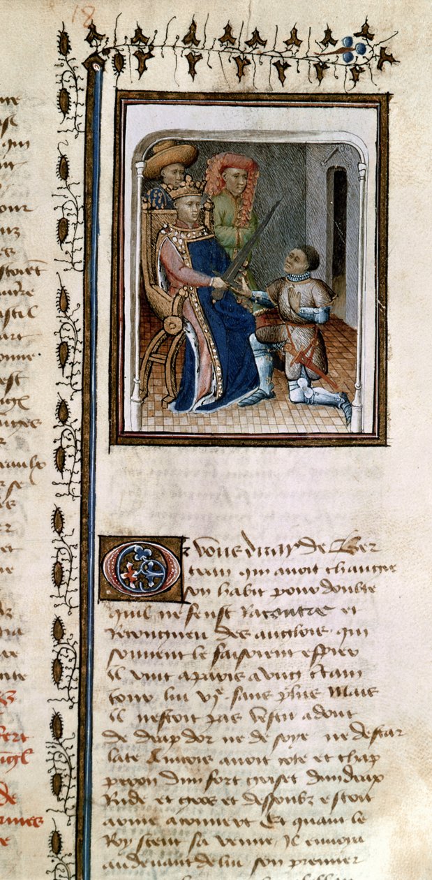 सुश्री 814 f.125r बर्ट्रेंड डु गुसेक्लिन (1320-80) राजा द्वारा नाइट किया गया, डु गुसेक्लिन के इतिहास से द्वारा फ्रेंच स्कूल