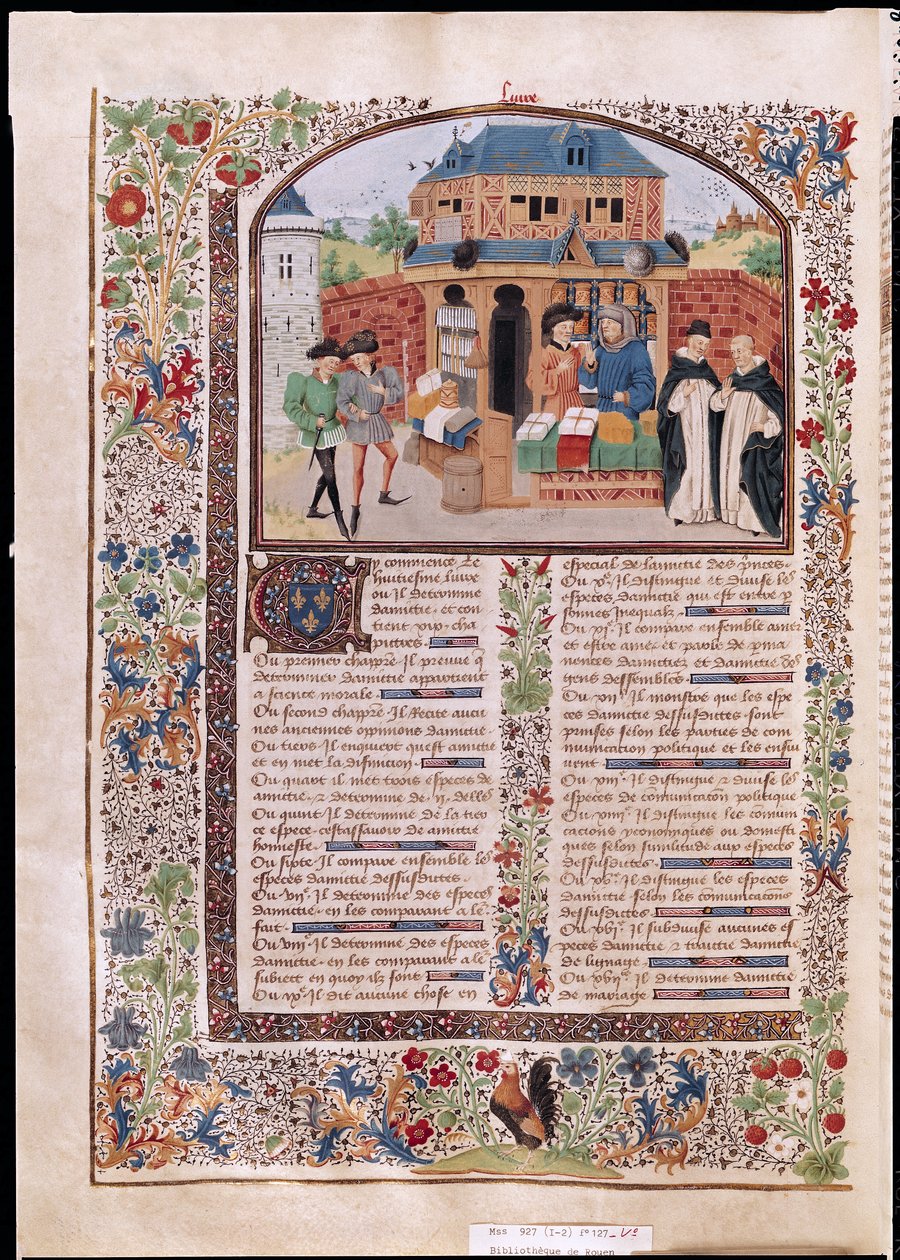 सुश्री 927 Fol.127v अरस्तू द्वारा नैतिकता, राजनीति और अर्थशास्त्र से दोस्ती के तीन प्रकार द्वारा फ्रेंच स्कूल