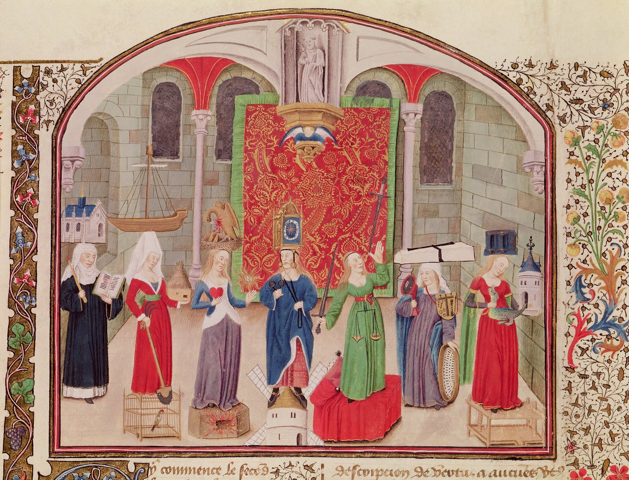 सुश्री 927 Fol.17v अरस्तू द्वारा नैतिकता, राजनीति और अर्थशास्त्र से सैद्धांतिक और कार्डिनल गुण, (384-322 ईसा पूर्व) द्वारा फ्रेंच स्कूल