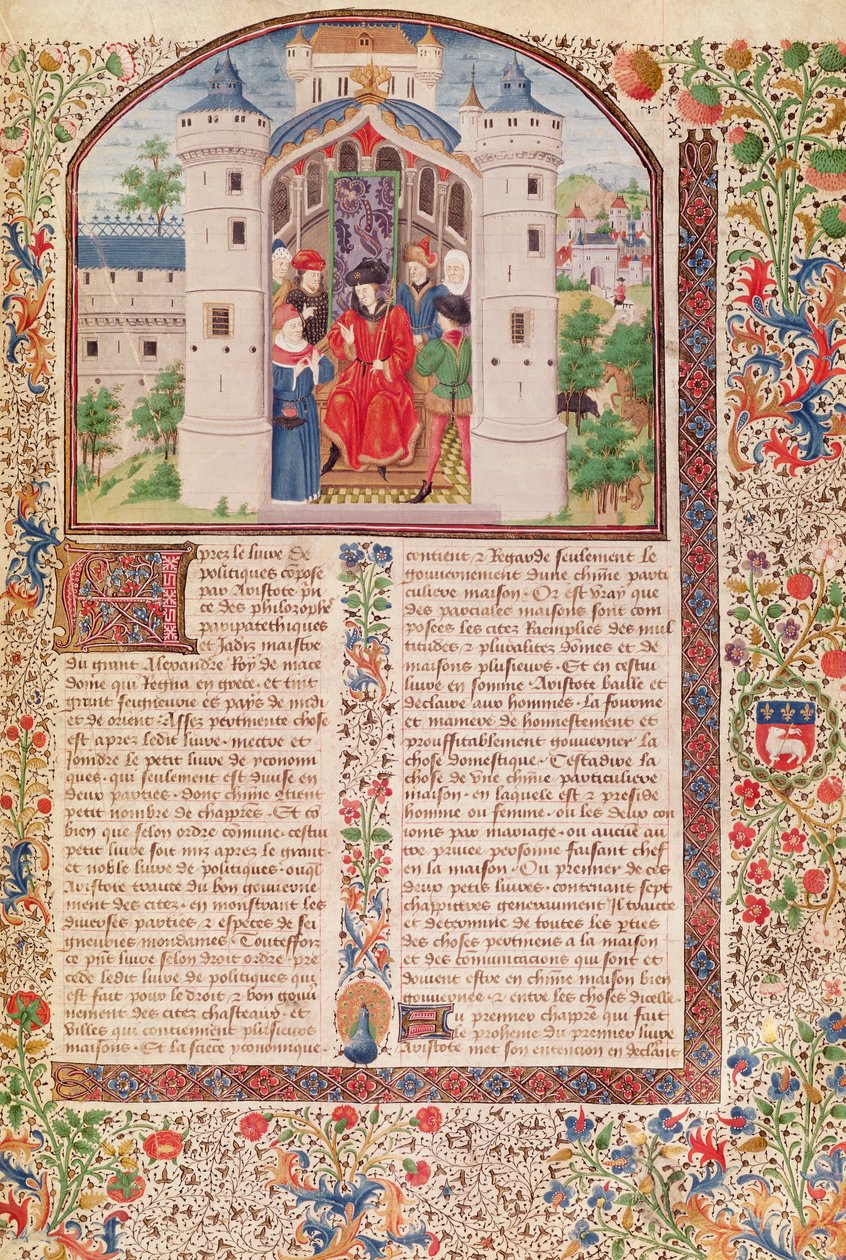 सुश्री 927 Fol.426 अरस्तू (384-322 ई.पू.) द्वारा नैतिकता, राजनीति और अर्थशास्त्र से अर्थशास्त्र की प्रस्तुति, (विस्तार से देखें 165171 के लिए) द्वारा फ्रेंच स्कूल